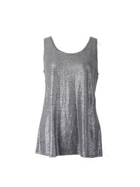 Eileen Fisher Top Sz S Silver Metallic Round Neck Sleeveless 100% Linen Tank Top